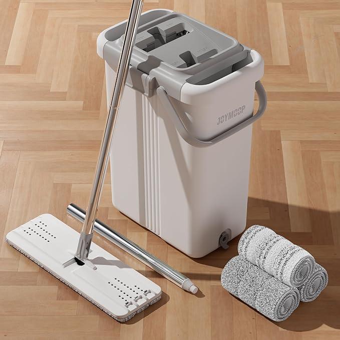 JOYMOOP Mop and Bucket with Wringer Set, Flat Squeeze Mop with Bucket (X-Large), Dust Mop for Wall Cleaner with Long Handle, Microfiber Mop - White Bucket with 3 Reusable 15" Pads - NeatNest