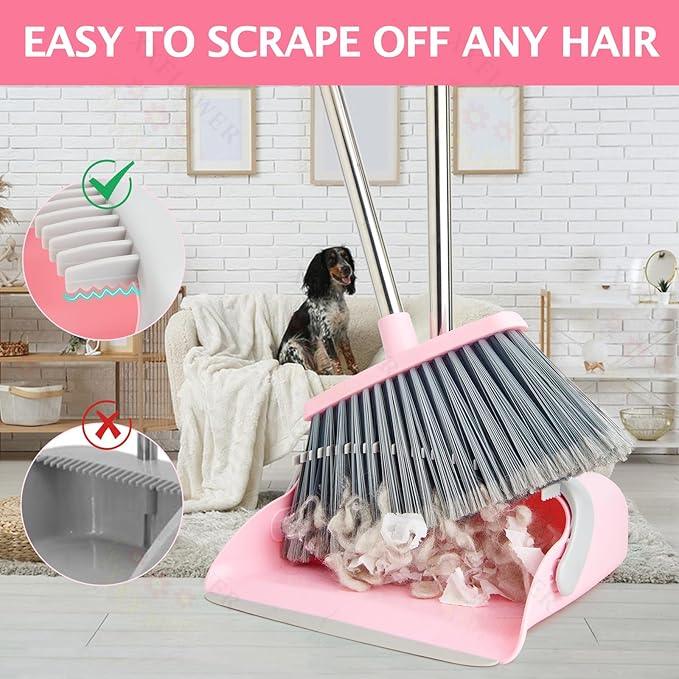 Broom and Dustpan Set, Dustpans with Broom Combo for Home, Heavy Dust Broom and Dustpan Combo, Long Handle Dust Pan and Broom Set for Kitchen, Office, Pet Hair(Gray Pink) - NeatNest