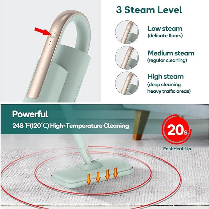 Newbealer Steam Mop & Detachable Handheld Cleaner, 250ml 1200W Powerful Floor Steamer, 3 Adjustable Levels for Carpet Laminate Hardwood Grout, Carpet Glider, 11 Multi-purpose Accessories & 2 Pads - NeatNest