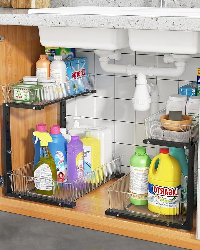 UMDONX Under Sink Organizer 2-Pack Adjustable Bathroom Under Sink Pull-Out Organizer with 5 Adjustable Heights for Kitchen, Bathroom & Laundry Storage - NeatNest