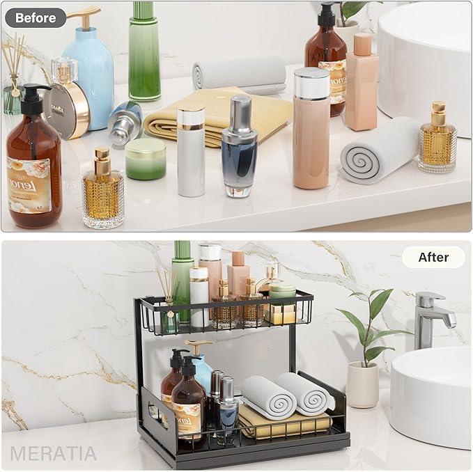 2 Pack Under Sink Organizer, 2 Tier Pull Out Cabinet Organizer,Slide out Metal Cabinet Organizers Multi-Purpose Drawer Shelf for Kitchen Bathroom Pantry Cabinet Closet Organization Rack,Black - NeatNest