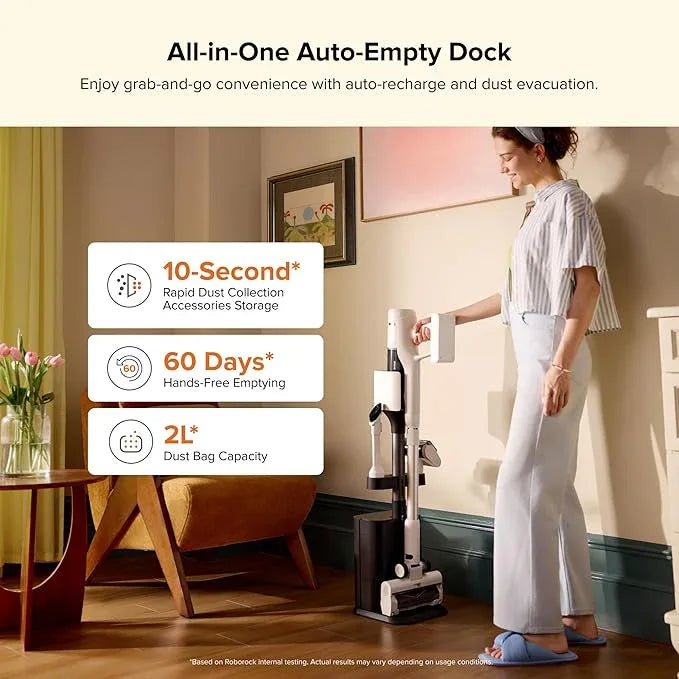 roborock H60 Hub Cordless Stick Vacuum Cleaner with Auto-Empty Dock, 115AW Suction for Carpets and Hard Floors, Vacuum Cleaners with 60-Min Runtime, Anti-Tangle Brush, 140° Green LED Dust Detection - NeatNest