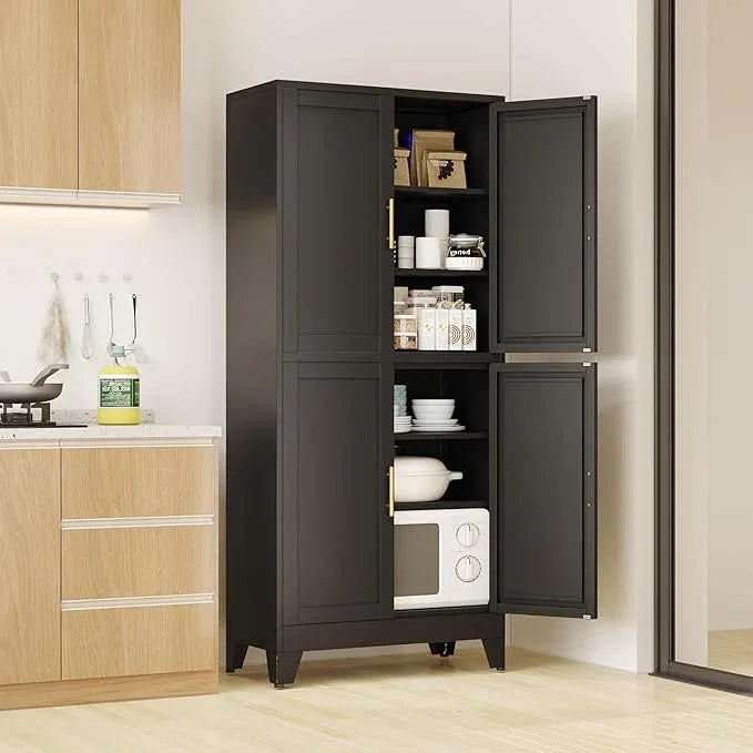75" H Tall Kitchen Pantry Cabinet, Pantry Storage with Doors and 3 Adjustable Shelves, Metal Storage, Cupboard for Kitchen, Black - NeatNest