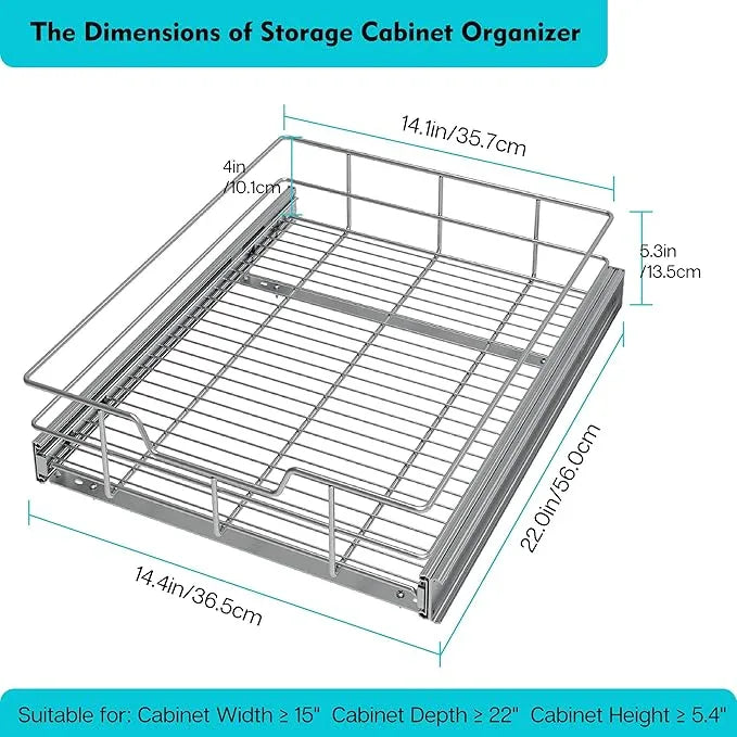 Pull Out Cabinet Organizer 14" W X 22" D, Slide Out Drawers For Kitchen Organizers and Storage, Pull Out Drawers For Cabinets Capacity Heavy Duty Caddy, Cabinet Shelves Chrome-Plated, Bathroom Pantry - NeatNest