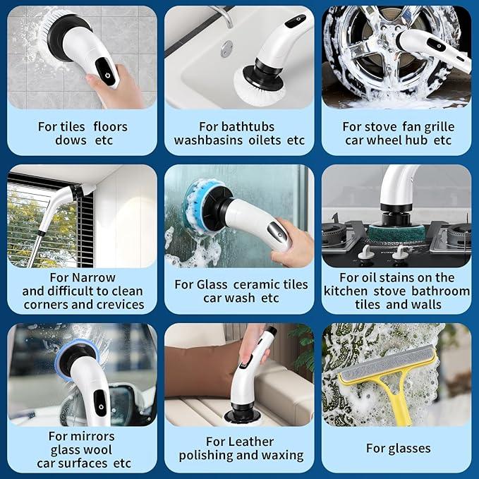Rechargeable Electric Spin Scrubber, Waterproof Power Cleaner with 7 Brush Heads,1 Window Squeegee,2 Speeds Adjustable Long Handle for Bathroom, Floor, Shower, Tile & Kitchen Cleaning (White) - NeatNest