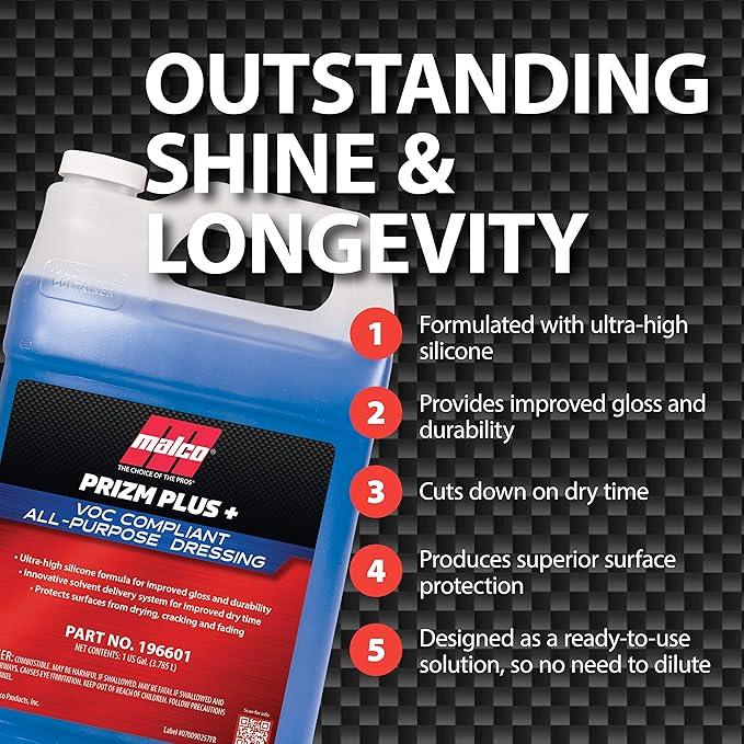Malco Prizm Plus All-Purpose Dressing – Ultra High Silicone Formula Gives Superior Shine and Durability to Interior Rubber and Vinyl Surfaces/Protects Against Fading and Cracking/1 Gallon (196601) - NeatNest