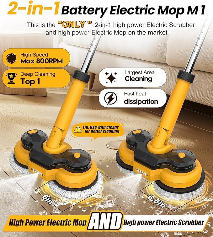 qimedo 6000mAh Battery Cordless Electric Mop M1 Pro, 800RPM Electric Power Scrubber & Mops for Floor Cleaning, Automatic Spin Mops with Smart Display,Rotating Mop with LED Light & Water Spray - NeatNest