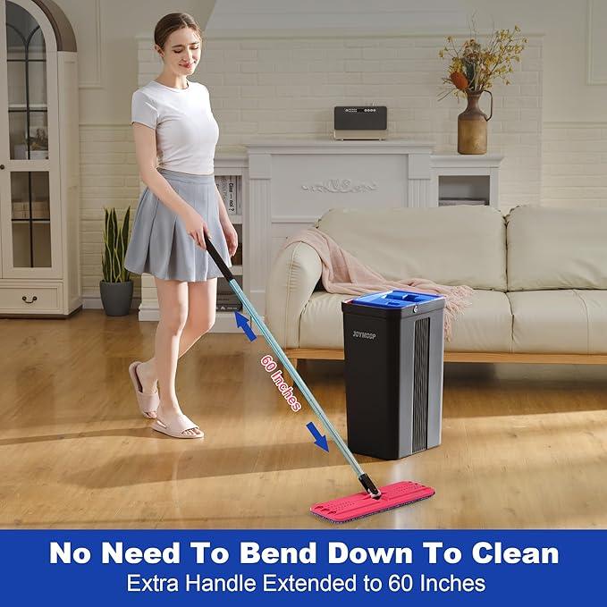 JOYMOOP Mop and Bucket with Wringer Set, Hands Free Flat Floor Mop and Bucket, with 4 Washable Microfiber Pads, Wet and Dry Use, Floor Cleaning System - Black+Red+Slate Blue - NeatNest