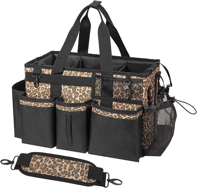 Wearable Cleaning Caddy, Cleaning Caddy Supplies Organizer with Handle & Shoulder Straps for Housekeepers, Under Sink & Car Cleaning Tool Organizers Bag with 4 Foldable Divider (Leopard) - NeatNest