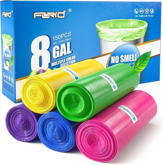FORID 8 Gallon Trash Bags Multi Colored - Extra Thick Garbage Bags Unscented, Strong Plastic Waste Can Liners for Home Bathroom Office Kitchen,150 Bags 5 Rolls,30 Liters - NeatNest