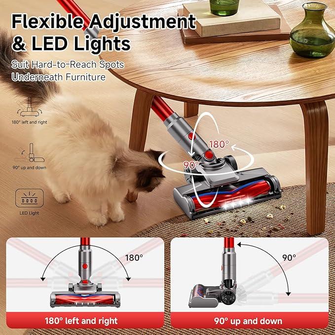 Cordless Vacuum Cleaner, 35Kpa Vacuum Cleaner for Home, 45Mins Stick Vacuum with LED Display, Anti-Tangle & Wall Mount Charging, 6 in 1 Lightweight Vacuum for Hard Floors, Carpet, Pet Hair (red) - NeatNest