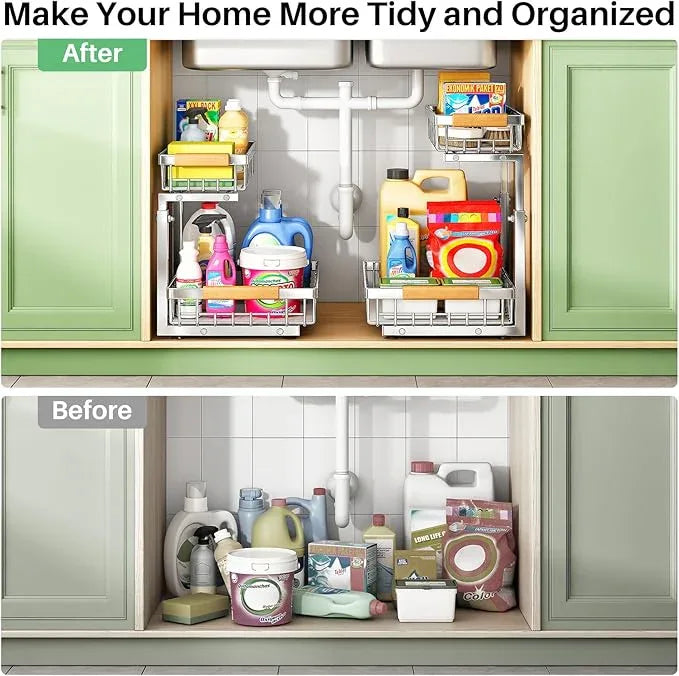 Under Sink Organizer, Stainless Steel 2 Packs 2 Tier Under Sink Organizers and Storage, Slide out Pull out Cabinet Shelf, Sliding Drawer for Kitchen Bathroom Pantry Cabinet Closet Organization Rack - NeatNest