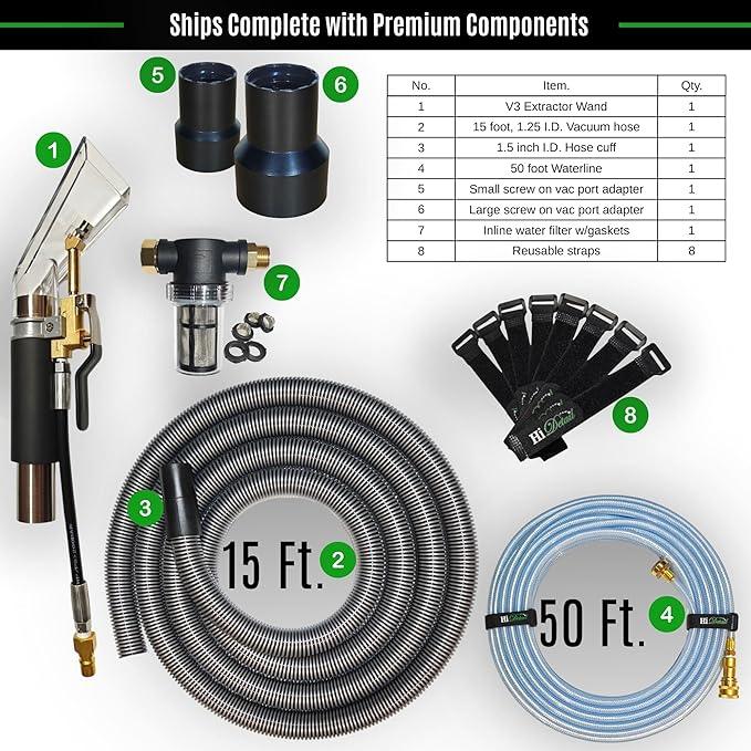 Hi Detail Shop Vac Extractor Kit with Wand and Hose, Adapter Converts Vacuum to carpet & upholstery Extractor for auto detailing & home (50 Ft Waterline, 15 Ft Vac Hose) - NeatNest