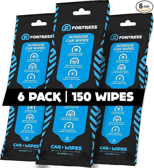 Fortress Car Interior Wipes (25 ct, Pack of 6) for Car Interior Cleaning, Dashboard, Seats, Detailing, and Steering Wheel [Travel Size] Skin-Safe Car Interior Cleaner Supplies - NeatNest