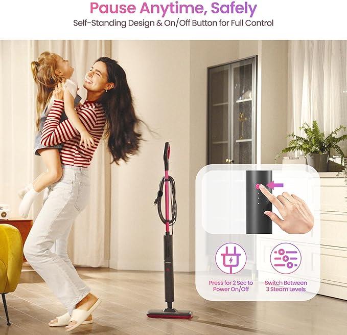 Schenley Steam Mop Cleaner Powerful - 15s Fast Heat-Up, Chemical-Free for Hardwood/Tile/Laminate & Floors/Walls, Washable Pads, 3 Modes for Carpet, Lightweight, Self-Standing, Sleek Design - NeatNest