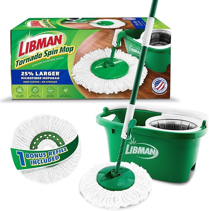 Libman Tornado Spin Mop System and 1 Refill, Mop and Bucket with Wringer Set for Hardwood Floor Cleaning, 2 Total Heads Included - NeatNest