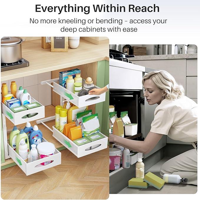 Under Sink Organizer, 2 Pack 2 Tier Pull out Cabinet Organizer Baskets with Mesh Sliding Drawers, Slide out Sink Storage Shelves for Kitchen, Bathroom, Pantry, Cabinet Organizers and Storage(White) - NeatNest