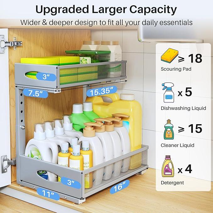 Under Sink Organizer, 2 Tier Pull Out Under Cabinet Organizer Shelf with Pad for Framed Cabinets, Metal Slide Out Under Sink Storage, Mesh Sliding Drawers for Kitchen Bathroom Laundry(Grey, 1 Pack) - NeatNest