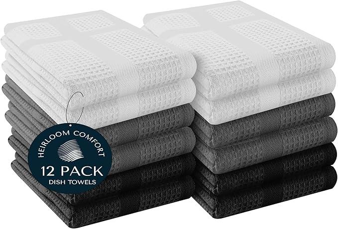 12 Pack Multi Color Waffle Weave Kitchen Towels, 16x26 Inch, 100% Cotton, Super Absorbent, Quick Dry, Hand Towels for Drying Dishes, Cleaning, Durable - White, Grey, Black - NeatNest