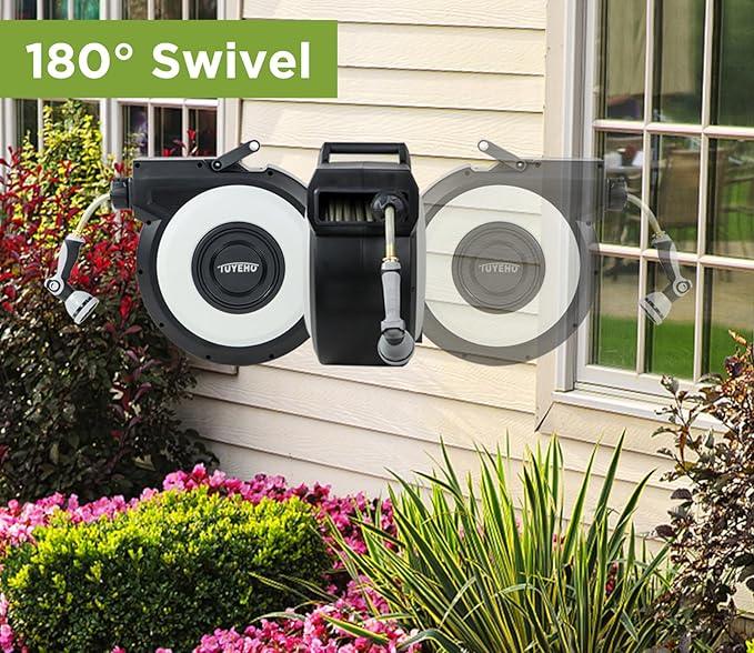 Tuyeho Retractable Garden Hose Reel 100FT, Wall Mount Heavy Duty Water Hose Reels with Automatic Slow Rewind System, Outdoor Hoses Reel with 2 Hose Nozzles for Garden Watering, Car Wash, Pet Shower - NeatNest