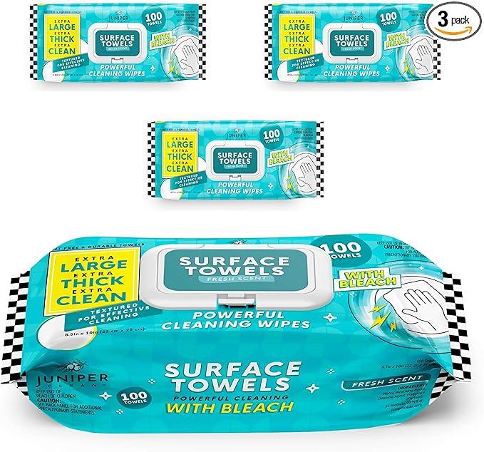 3 Packs Surface Wipes with Bleach, Thick & Large Dispose, All-Purpose Cleaner for Bathroom, Kitchen, Office, 300 Count Soft Flow, Biodegradable, Fresh Scent - NeatNest