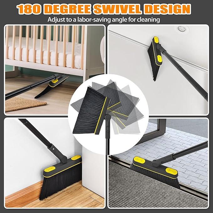 JEHONN Broom and Dust Pan, 54.3 inches Long Handle Swivel Brush, Upright Foldable Dustpan with Comb Teeth for Home Kitchen Lobby Indoor Floor Cleaning (Black & Yellow) - NeatNest