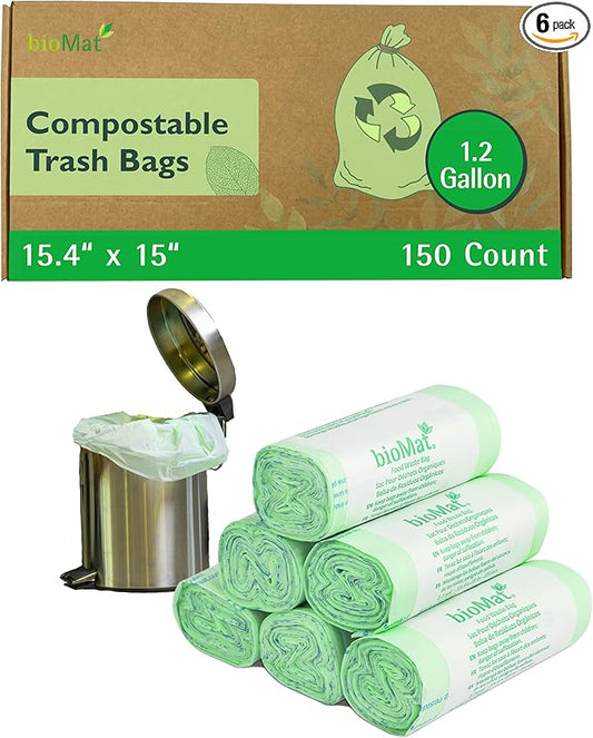 bioMat 1.2 Gallon Compostable Food Scrap Bags, 150 Count, Compost Bags for Countertop Bins, BPI ASTM D6400 and CMA Certified Small Trash Bags