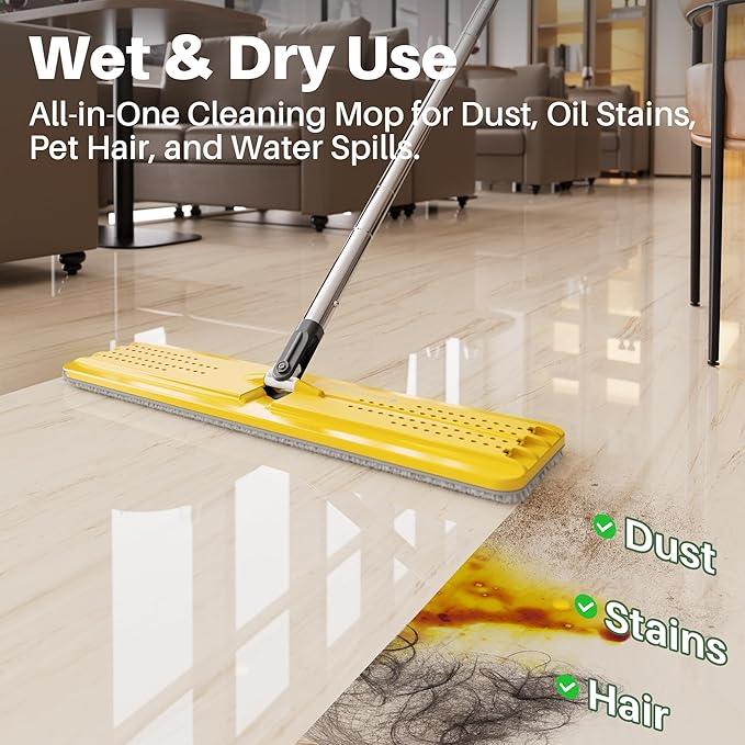 JOYMOOP Industrial Mop and Bucket Set, 17.7-inch Dust Mops for Floor Cleaning, Flat Mop Bucket with Wringer, Include 5 Reusable Microfiber Mop Pads - Yellow - NeatNest