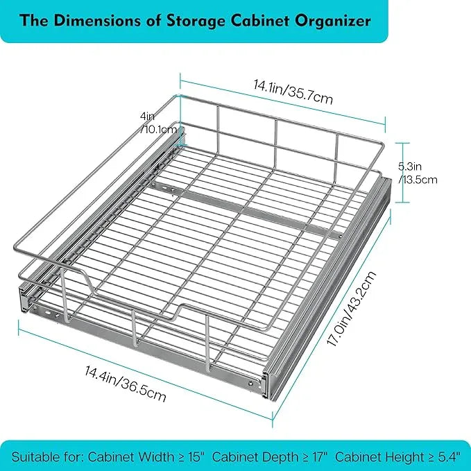 Pull Out Cabinet Organizer 14" W X 17" D, Slide Out Drawers For Kitchen Organizers and Storage, Pull Out Drawers For Cabinets Capacity Heavy Duty Caddy, Cabinet Shelves Chrome-Plated, Bathroom Pantry - NeatNest