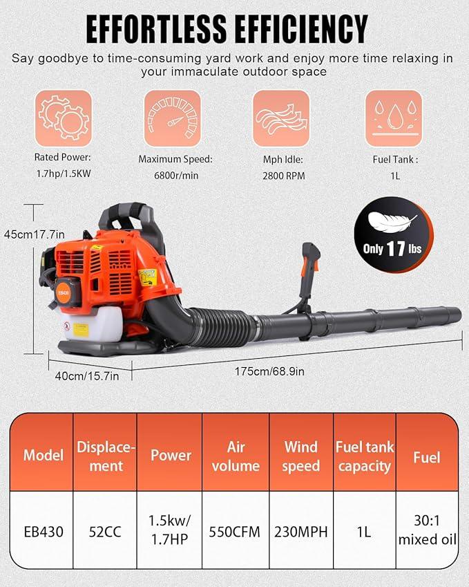 52cc Backpack Leaf Blower – Gas Powered 550 CFM 230 MPH High Airflow for Lawn Care, Low-Vibration Harness, Clears Leaves, Debris & Snow (T690 Pro) - NeatNest