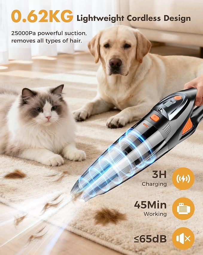 Handheld Vacuum Cordless 25000PA Powerful Suction, Portable Car Vacuum, 3 in 1 Hand Held Vacuum Rechargeable 8000mAh with LED Light, HEPA Filter, Home, Car Seats, Office, Pet Hair, Dust Buster - NeatNest