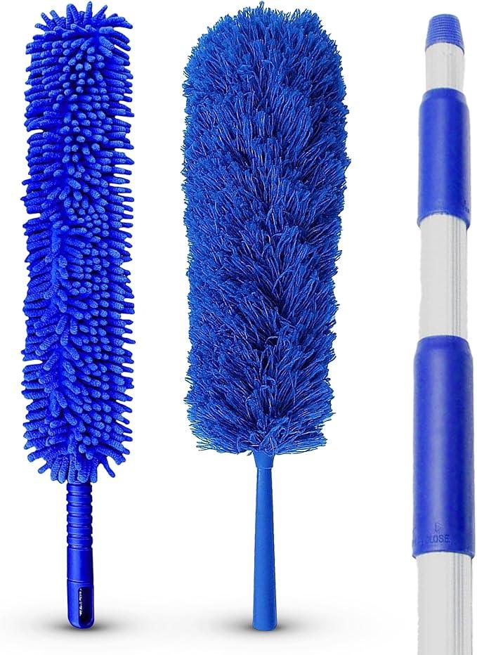 Blue Extension Rod Ceiling Duster with 18-20 feet Reach 3-Stage Aluminum Telescoping Pole - Cathedral, Cobweb, Microfiber, Ceilings Fan Duster Includes 2 Hand Dusting Kit - NeatNest