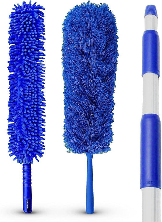 Blue Extension Rod Ceiling Duster with 18-20 feet Reach 3-Stage Aluminum Telescoping Pole - Cathedral, Cobweb, Microfiber, Ceilings Fan Duster Includes 2 Hand Dusting Kit - NeatNest