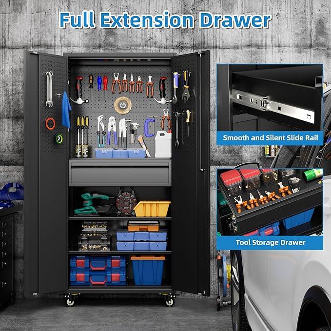 SUXXAN 71" Metal Garage Storage Cabinet with 16 Hooks and Pegboards,1 Drawer Inside Rolling Tool Storage Cabinet with Adjustable Shelves,3 Metal Hanging Rod for Garage,Warehouse - NeatNest