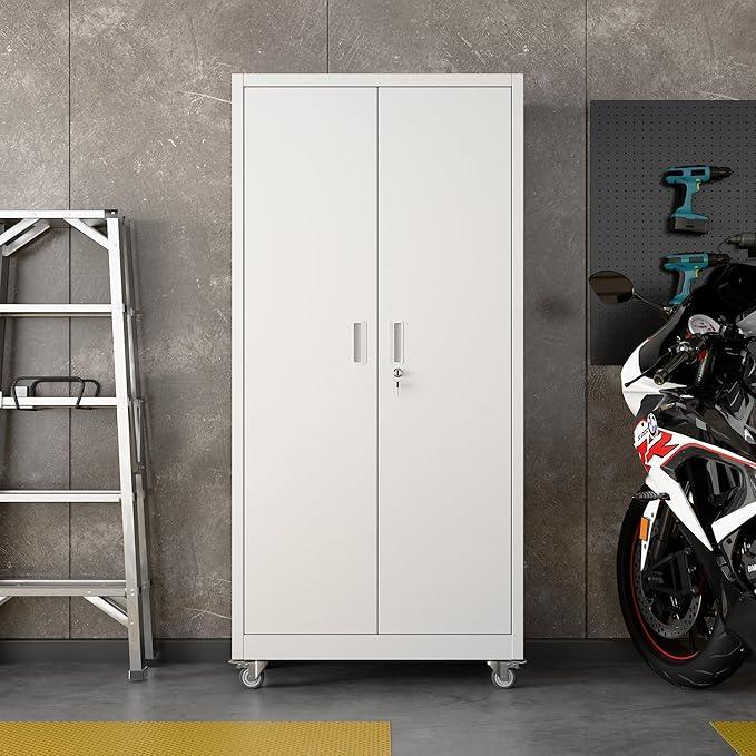 SUXXAN Garage Storage Cabinet with Pegboard and 5 Adjustable Shelves, 71'' x 32'' x 16''Metal Lockable Cabinet with Magnetic Doors,Tool Storage,Home Office Garage,Gym,School(White) - NeatNest