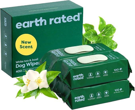 Earth Rated Pet Wipes for Dogs and Cats, Hypoallergenic, 3-in-1 Cleaning, Deodorizing and Hydrating, for Grooming Paws, Body and Butt, New White Tea and Basil Scent, 400 Count - NeatNest