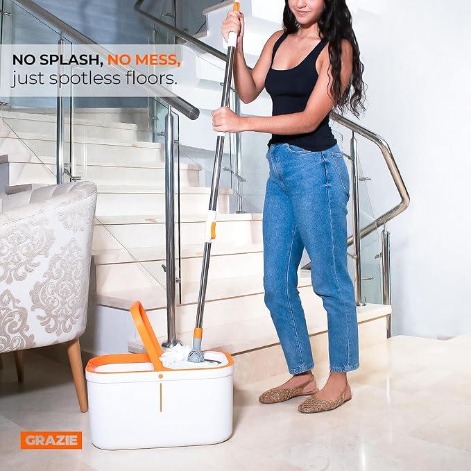 Spin Mop and Bucket Set Cleaning System Wringer 360 Microfiber Mop with Stainless Steel Handle Self Wringing Bucket for Tile Hardwood Laminate Floors Includes 2 Mop Head Refills - NeatNest