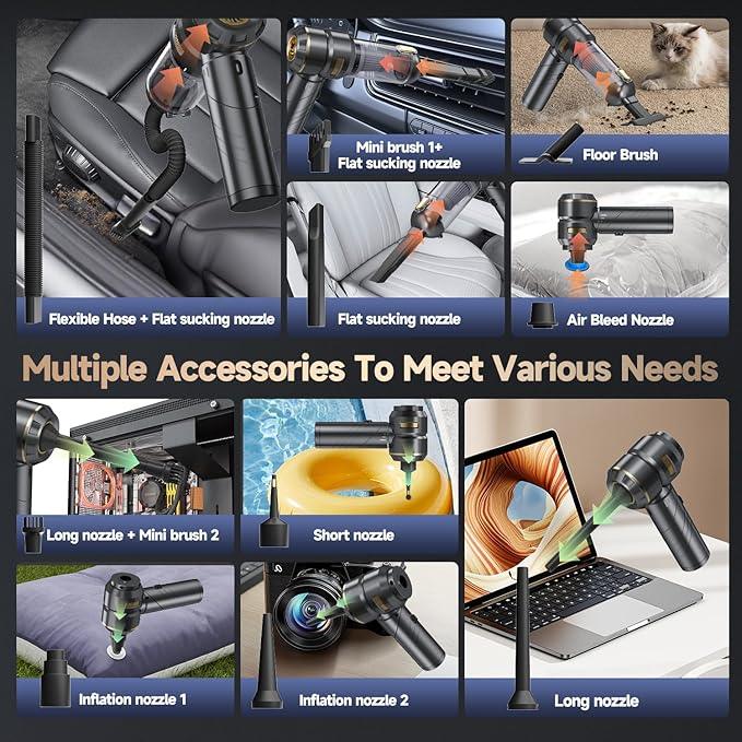 Car Vacuum Portable Cordless, Foldable Handheld Vacuum with Brushless Motor, 22000PA High Power Mini Hand Vacuum Cleaner & Air Blower & Duster & Pump for Home, Pet, Office - NeatNest