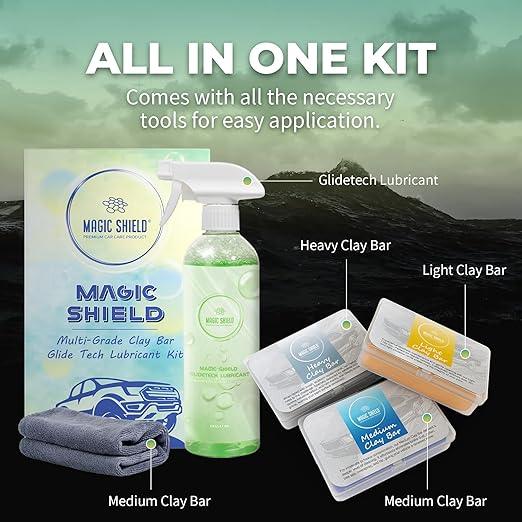 Magic Shield Clay Bar Triple Pack – 100g Light, Medium & Heavy Bars + GlideTech Lubricant Spray | Professional Auto Detailing, Deep Cleaning & Shine Restoration - NeatNest