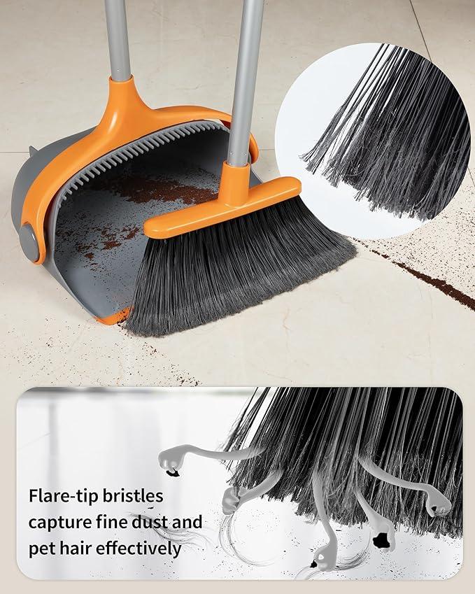 MR.SIGA Broom and Dustpan Set with Long Handle, Stand Upright Broom with Dustpan Combo for Cleaning Office, Garage, Lobby, Lightweight Sweeping Set, 51.7"(131 cm) Long Handle, Gray & Orange - NeatNest
