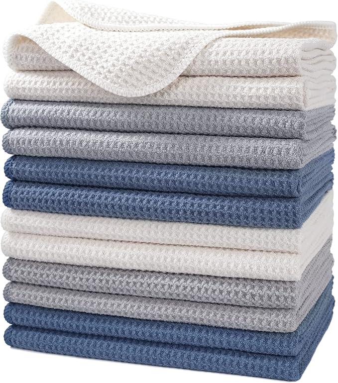 POLYTE Premium Microfiber Kitchen Dish Hand Towel Waffle Weave 12 Pack (16x28 in, Dark Blue, Gray, Off White) - NeatNest