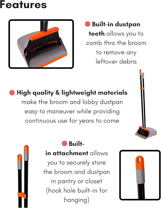 BirdRock Home Broom and Dustpan Set - Lobby Dust Pan - Orange and Grey Durable Set - Indoor or Outdoor - Sweep Combo Great for Kitchen, Home, Garage and Office - Clip On Self Cleaning Bristles - NeatNest