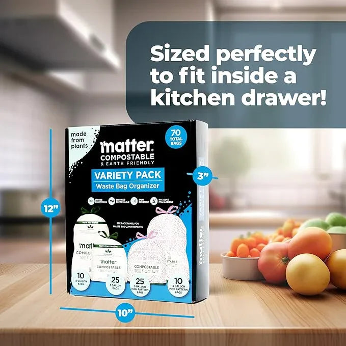 Matter Compostable Variety Pack 3 Gallon and 13 Gallon Kitchen Trash Bags with Drawstring, Unscented, Durable, Leak-Resistant, Eco-Friendly, 70 Count - NeatNest