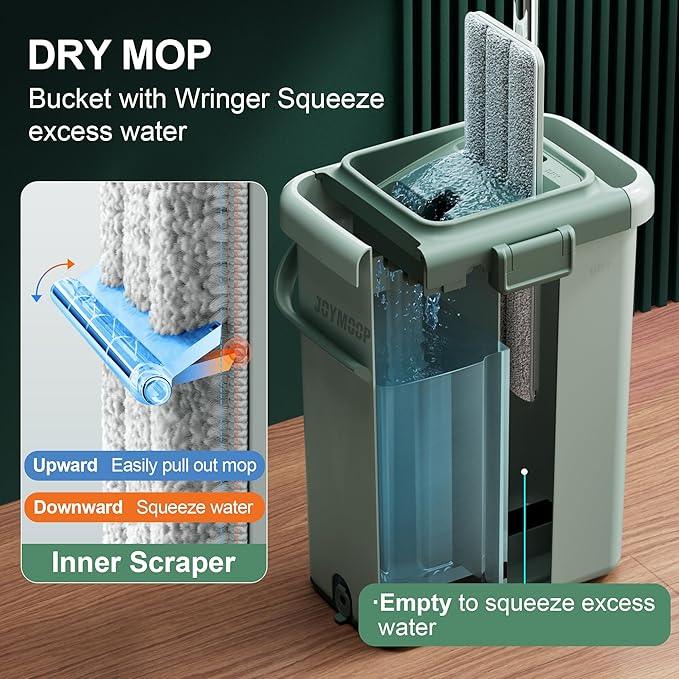 JOYMOOP Mop and Bucket with Wringer Set, Flat Squeeze Mop with Bucket (X-Large), Dust Mop for Wall Cleaner with Long Handle, Microfiber Mop - Green Bucket with 3 Reusable 15" Pads - NeatNest