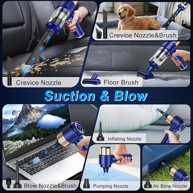 Mini Vacuum Cleaner, 15000PA Car Vacuum Cleaner Portable Cordless with LED Light, 4 in 1 Air Duster and Handheld Small Vacuum Rechargeable for Car, Home, Office, Pet（Blue） - NeatNest