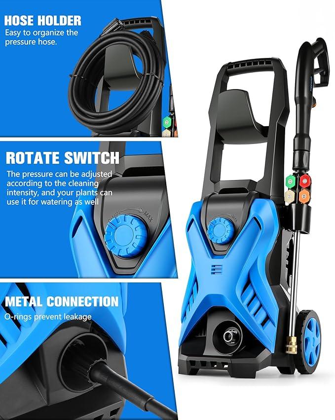 Electric Pressure Washer, 2.8 GPM High Power Washer Adjustable Pressure 2500PSI-5000PSI with 33FT Extension Hose, 4 Nozzles and Soap Bottle for Cars/Fences/Driveways - NeatNest