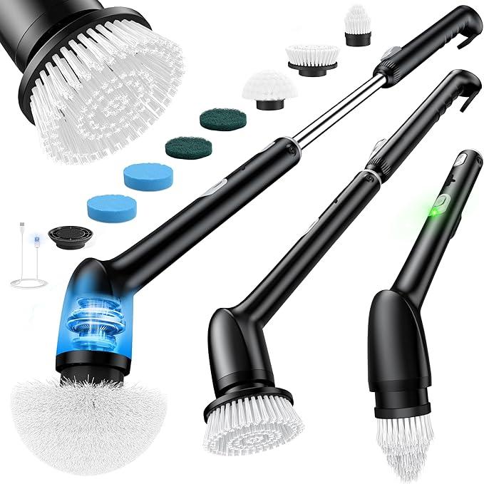 LyriFine Electric Spin Scrubber, New Full-Body IPX7 Waterproof Bathroom Cleaner Brush, Shower Scrubber with Long Handle & 2 Speed, Heads Replacement, Cleaning Supplies for Tub Shower Tile Floor - NeatNest