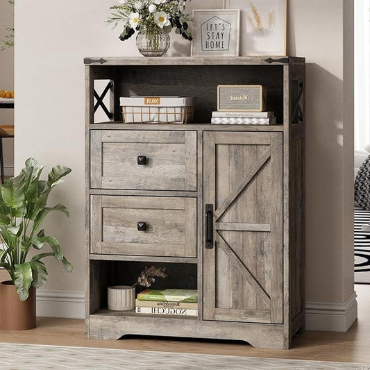 Fameill Farmhouse Storage Cabinet with 2 Drawers & Shelves,Freestanding Kitchen Cabinet with Doors,Floor Storage Organization for Living Room,Bathroom,Laundry,Grey - NeatNest