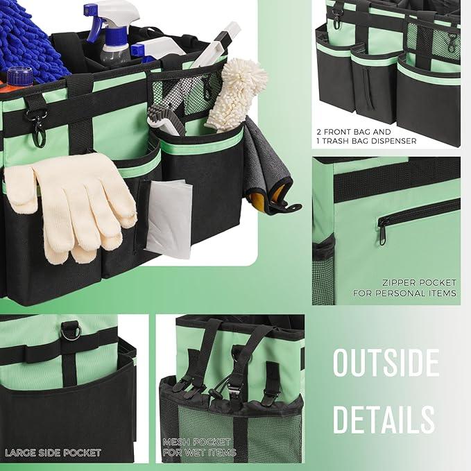 Wearable Cleaning Caddy, Cleaning Caddy Supplies Organizer with Handle & Shoulder Straps for Housekeepers, Under Sink & Car Cleaning Tool Organizers Bag with 4 Foldable Divider (MintGreen) - NeatNest