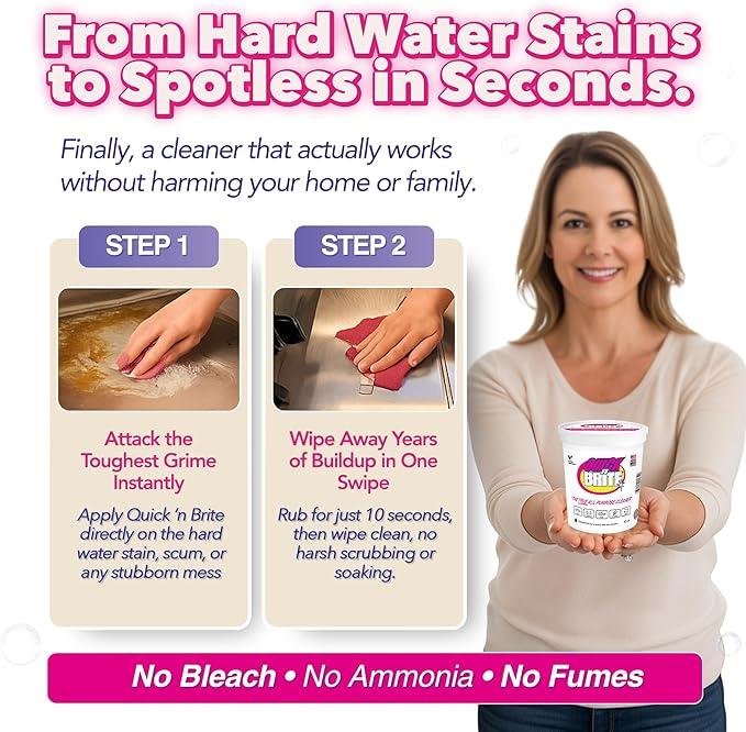 Quick 'n Brite Hardwater Stain Kit - 32oz All Purpose Cleaning Paste, Microfiber Towel, two Melamine Sponges, Scraper Tool - NeatNest